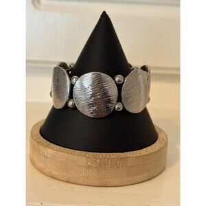 Chunky Silver Tone Stretch Bracelet With Textured Discs & Beads